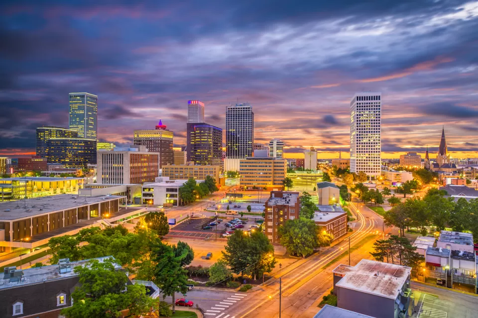 Aerial view of Tulsa, Oklahoma at twilight.